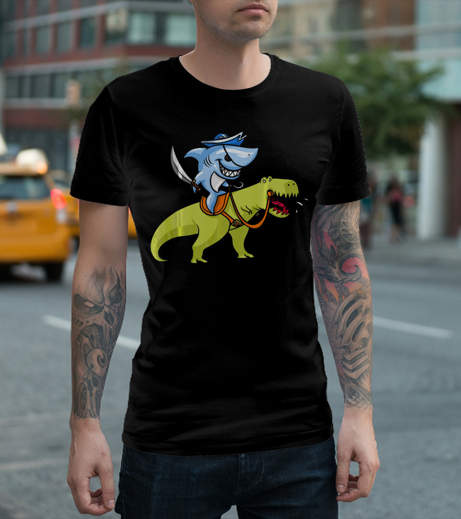 Shark Pirate Riding T-Rex Dinosaur Fun Adventure T-Shirt