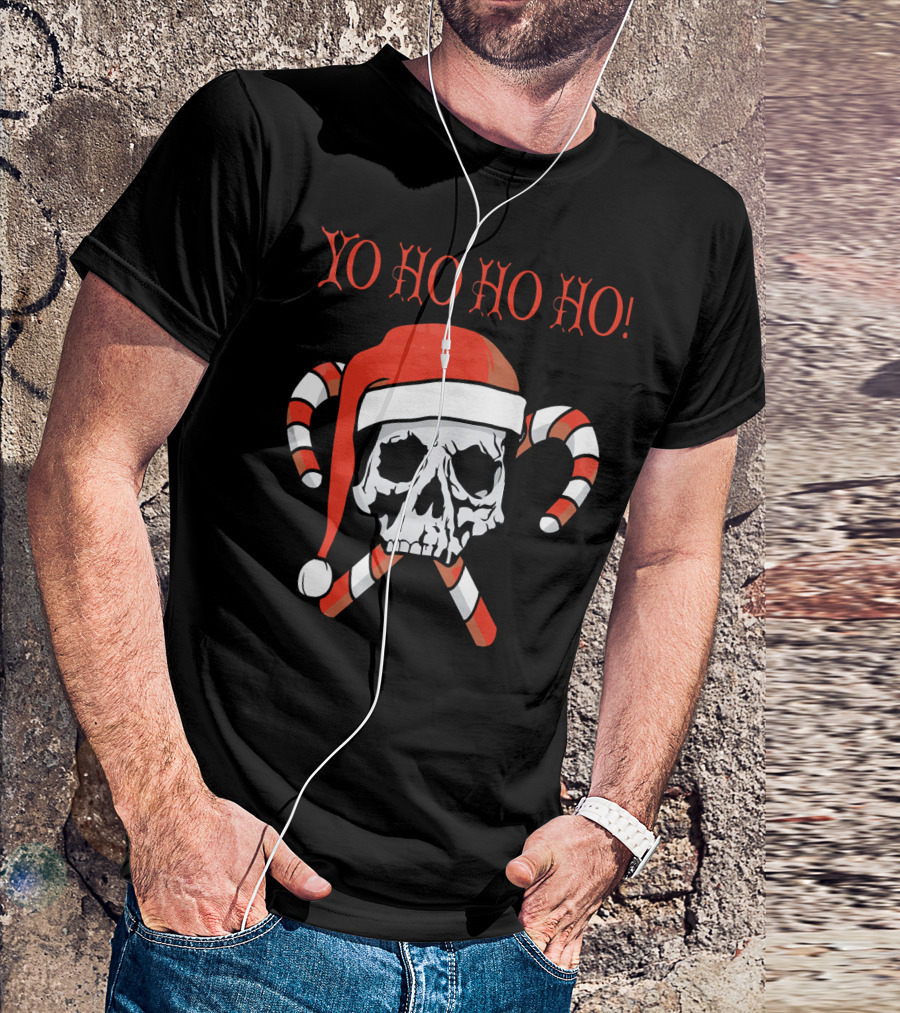 Yo Ho Ho Ho Christmas Pirate Santa Skull With Candy Canes T-Shirt