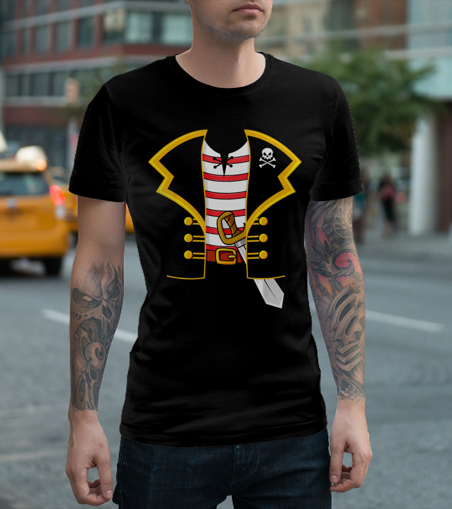 Pirate Costume Party Striped Shirt Skull Sword Jacket T-Shirt