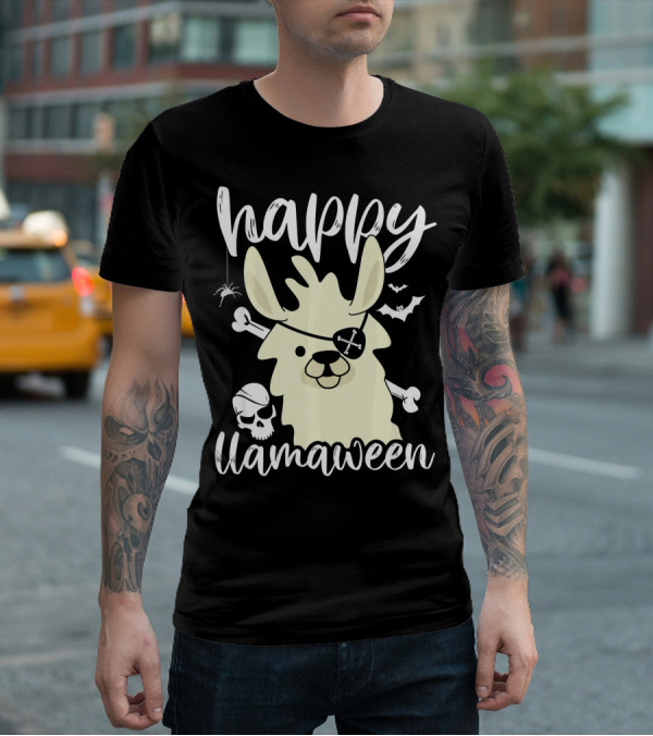 Happy Llamaween Llama Pirate Bats Skull T-Shirt