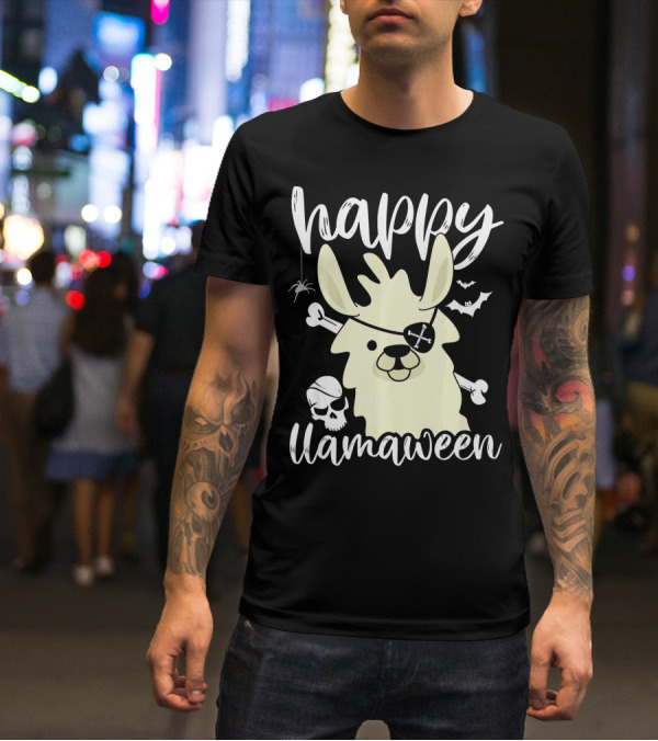 Happy Llamaween Llama Pirate Bats Skull T-Shirt