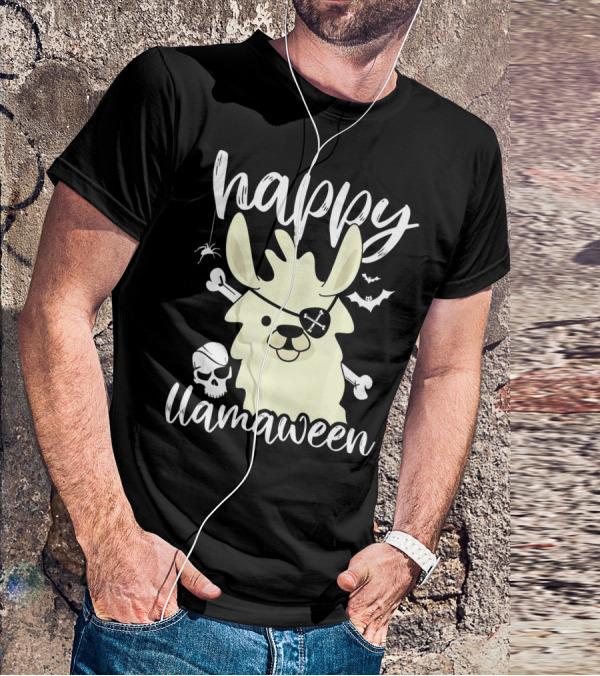 Happy Llamaween Llama Pirate Bats Skull T-Shirt
