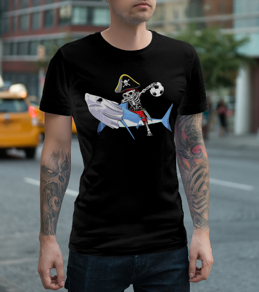 Jolly Roger Pirate Skeleton Dab on Shark Holding Soccer Ball T-Shirt
