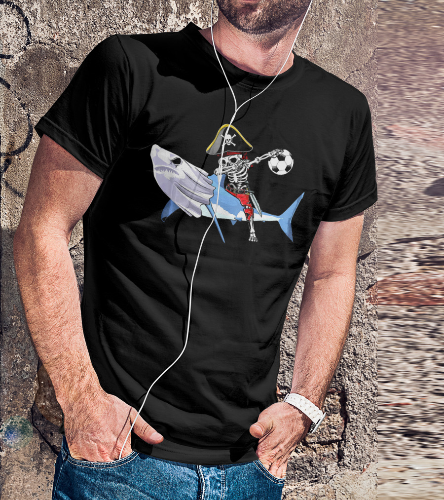 Jolly Roger Pirate Skeleton Dab On Shark Holding Soccer Ball T-Shirt
