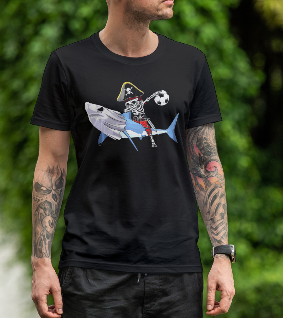 Jolly Roger Pirate Skeleton Dab On Shark Holding Soccer Ball T-Shirt