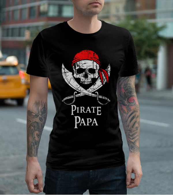 Pirate Papa Skull Crossbones Red Bandana Swords T-Shirt