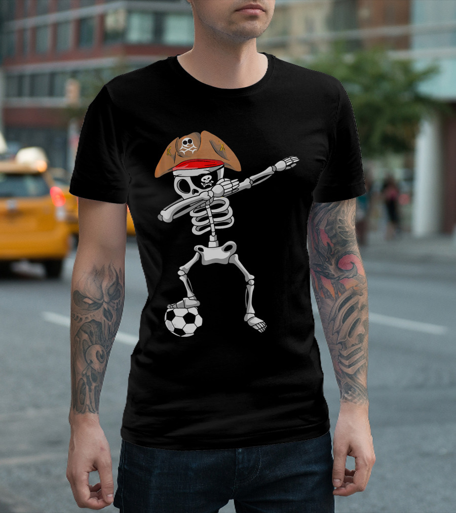 Skull Soccer Pirate Skeleton Dabbing With Eye Patch And Hat T-Shirt