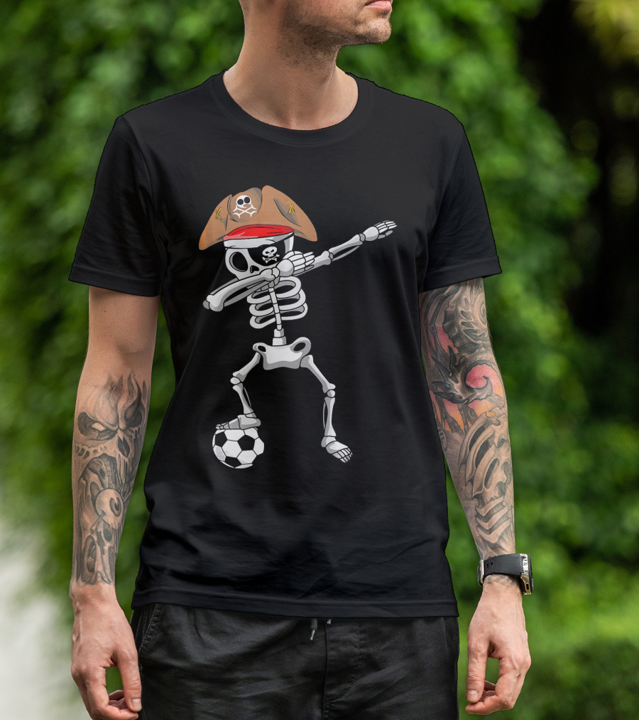 Skull Soccer Pirate Skeleton Dabbing With Eye Patch And Hat T-Shirt