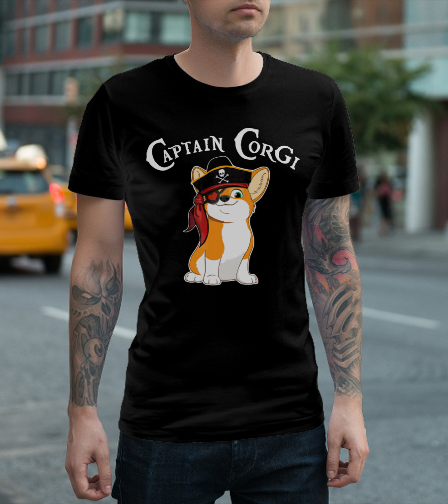 Captain Corgi Pirate Dog with Eyepatch and Skull Hat T-Shirt
