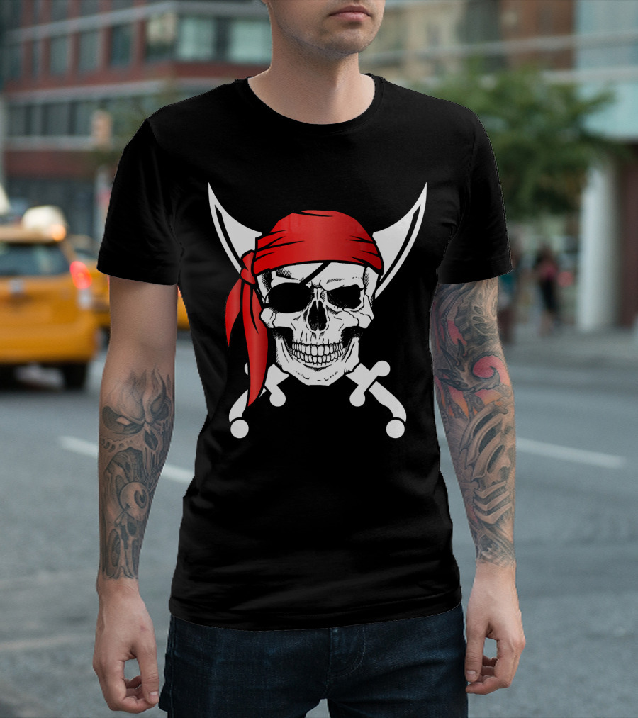 Pirate Skull Red Bandana Crossed Knives Iconic T-Shirt