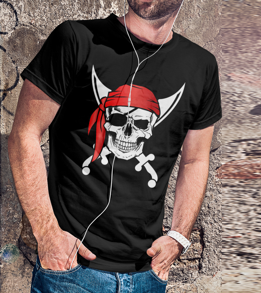 Pirate Skull Red Bandana Crossed Knives Iconic T-Shirt