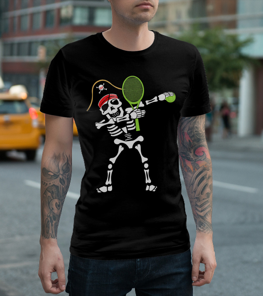 Tennis Dabbing Skeleton With Pirate Hat And Racket T-Shirt