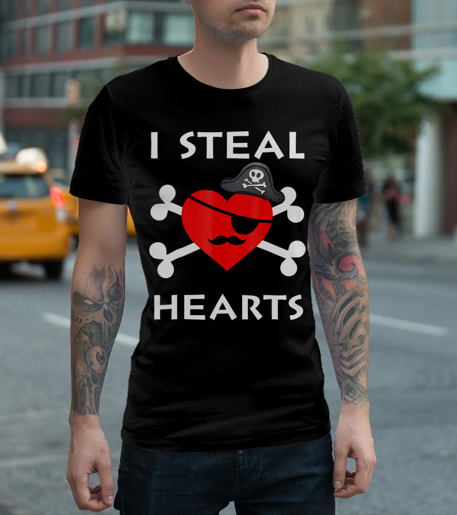 I Steal Hearts Valentine Day Pirate Eyepatch Skull Crossbones T-Shirt