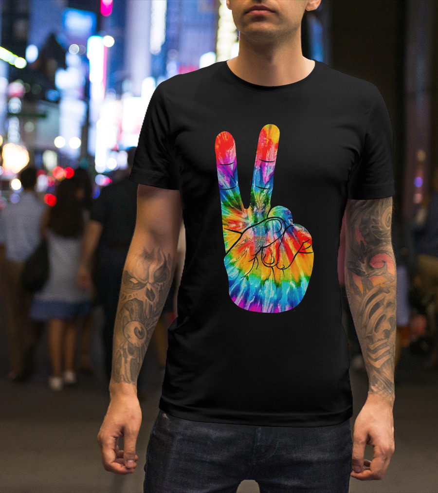 Tie Dye Peace Sign Hand V Victory Love Rainbow T-Shirt