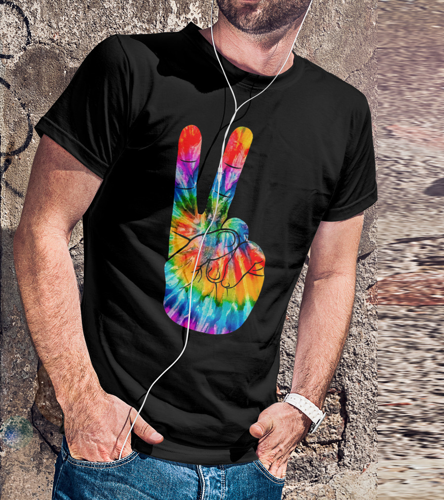 Tie Dye Peace Sign Hand V Victory Love Rainbow T-Shirt