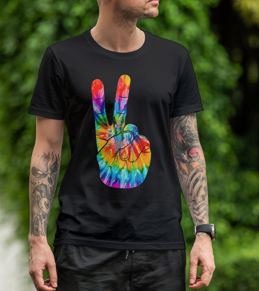 Tie Dye Peace Sign Hand V Victory Love Rainbow T-Shirt