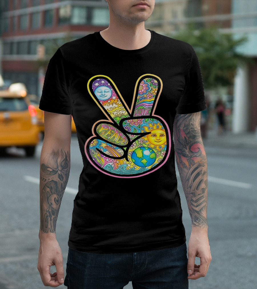 Peace Love Trippy Sun and Moon Psychedelic Earth Groovy Harmony T-Shirt