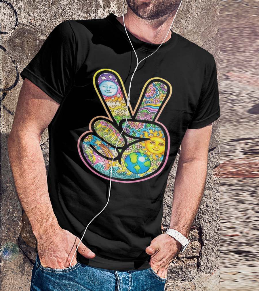 Peace Love Trippy Sun And Moon Psychedelic Earth Groovy Harmony T-Shirt