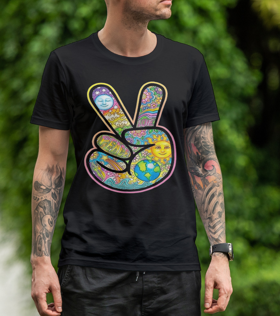 Peace Love Trippy Sun And Moon Psychedelic Earth Groovy Harmony T-Shirt