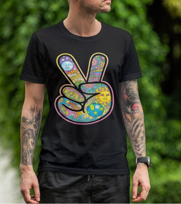 Peace Love Trippy Sun And Moon Psychedelic Earth Groovy Harmony T-Shirt