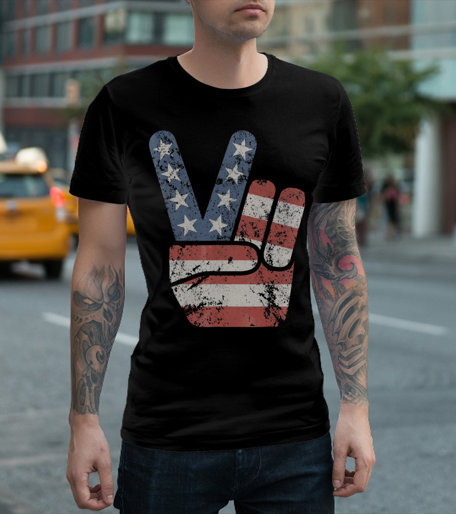 USA Big Peace Hand Sign American Flag T-Shirt