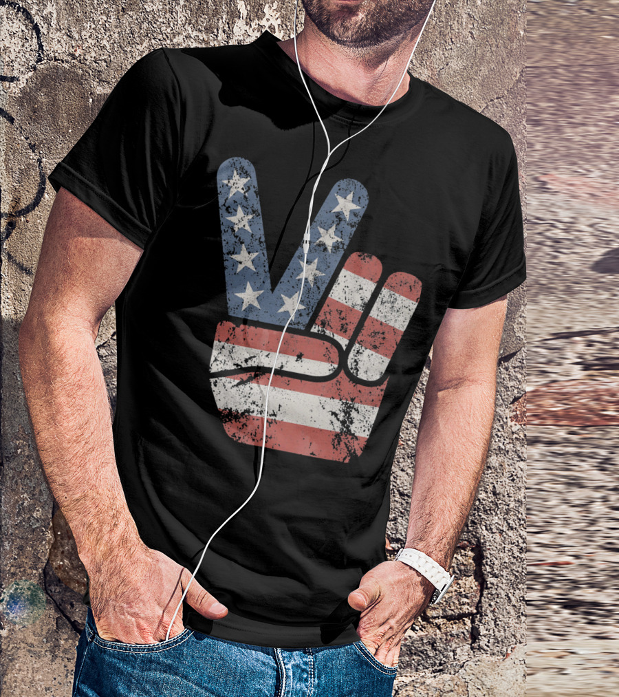 USA Big Peace Hand Sign American Flag T-Shirt