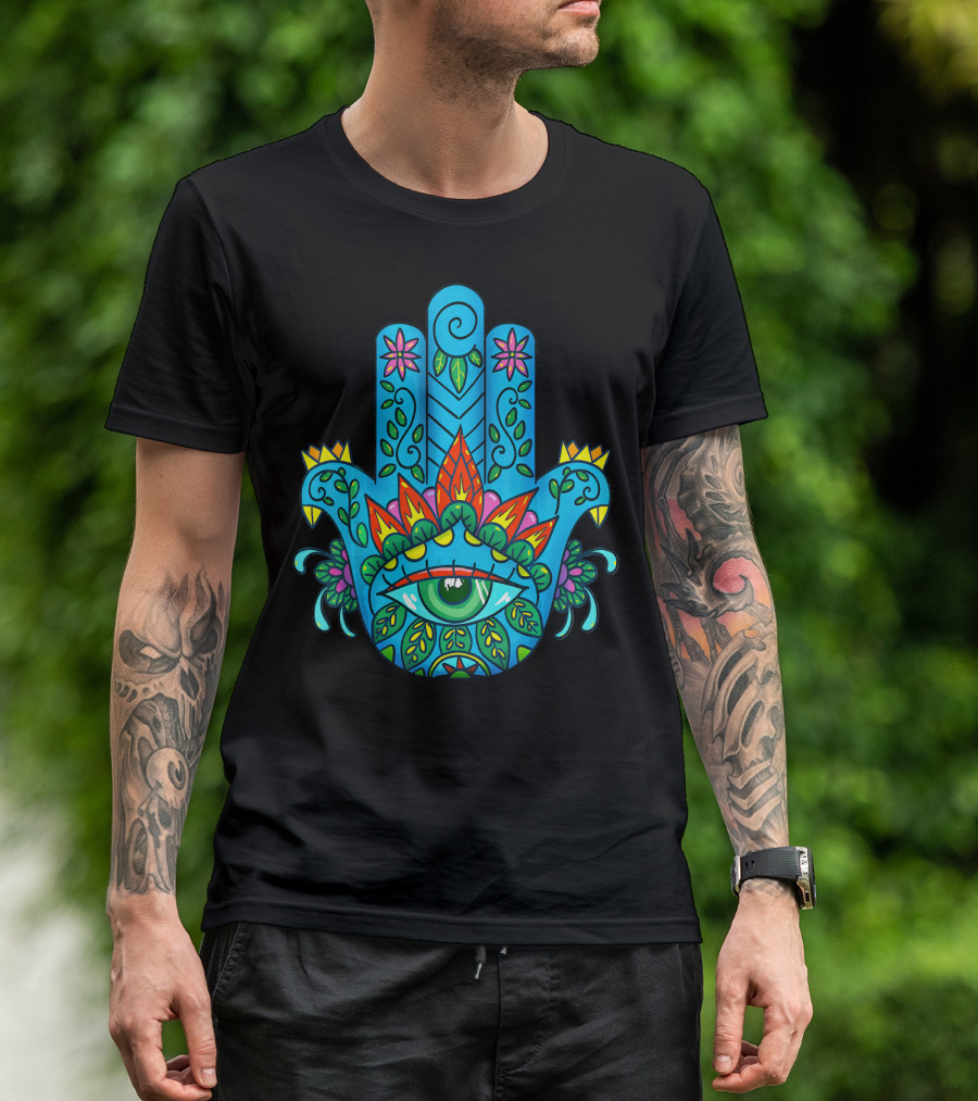 Hamsa Hand Spiritual Protection With Colorful Eye And Floral T-Shirt