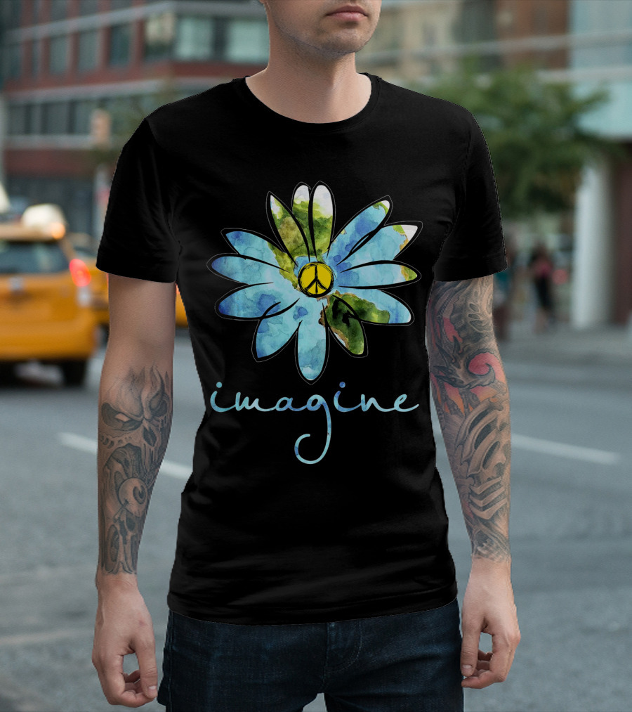 Imagine Peace Sign Flower World Map T-Shirt