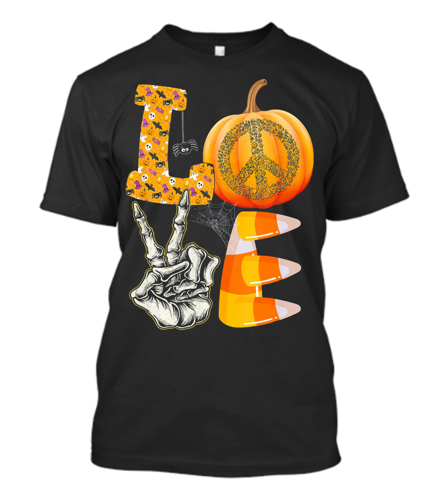 LOVE Halloween Peace Pumpkin Skeleton V Candy Corn T-Shirt