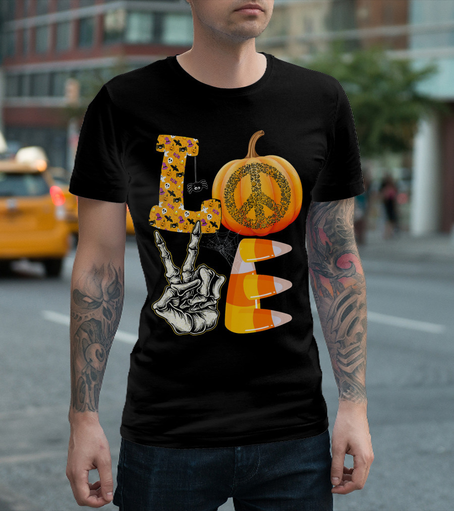 LOVE Halloween Peace Pumpkin Skeleton V Candy Corn T-Shirt