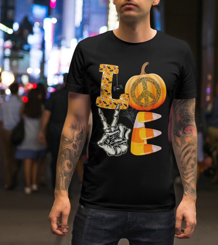 LOVE Halloween Peace Pumpkin Skeleton V Candy Corn T-Shirt