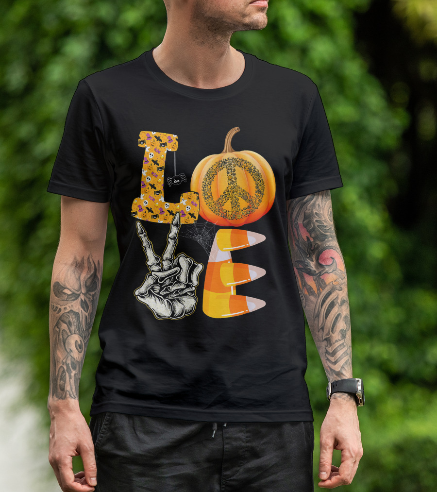 LOVE Halloween Peace Pumpkin Skeleton V Candy Corn T-Shirt