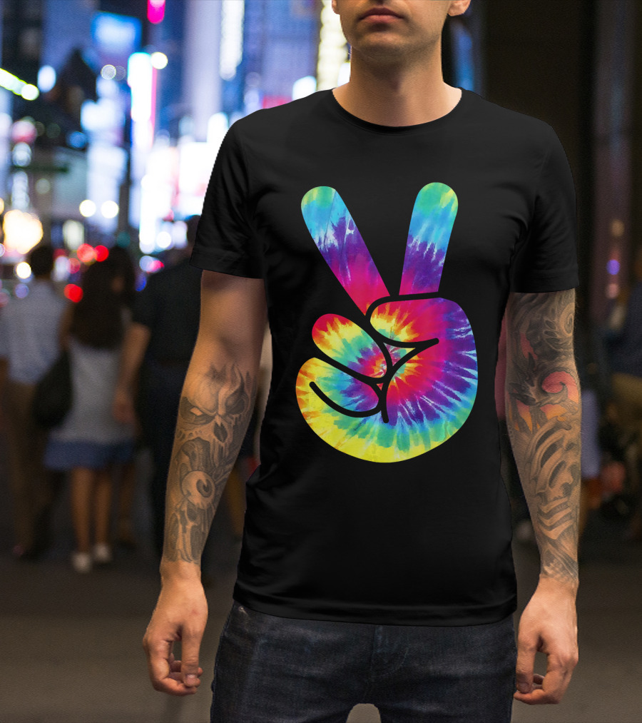 Groovy Tie Dye Peace Sign Two Finger Gesture T-Shirt