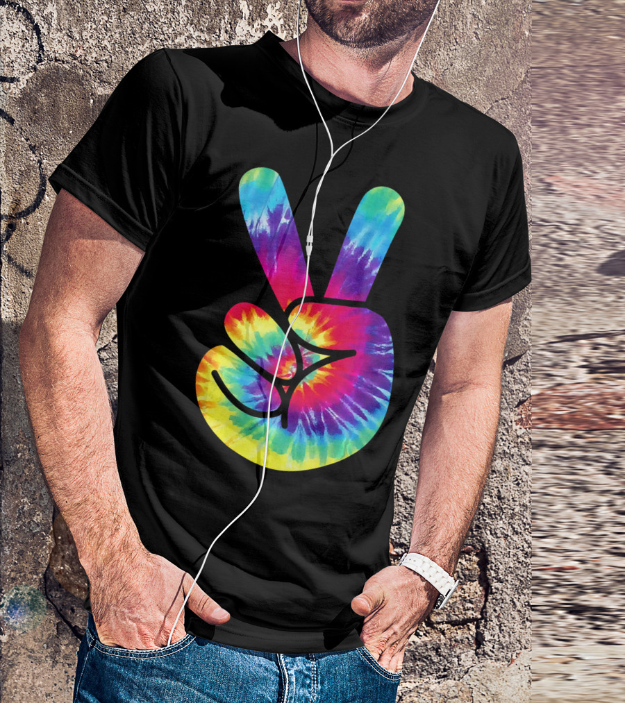 Groovy Tie Dye Peace Sign Two Finger Gesture T-Shirt