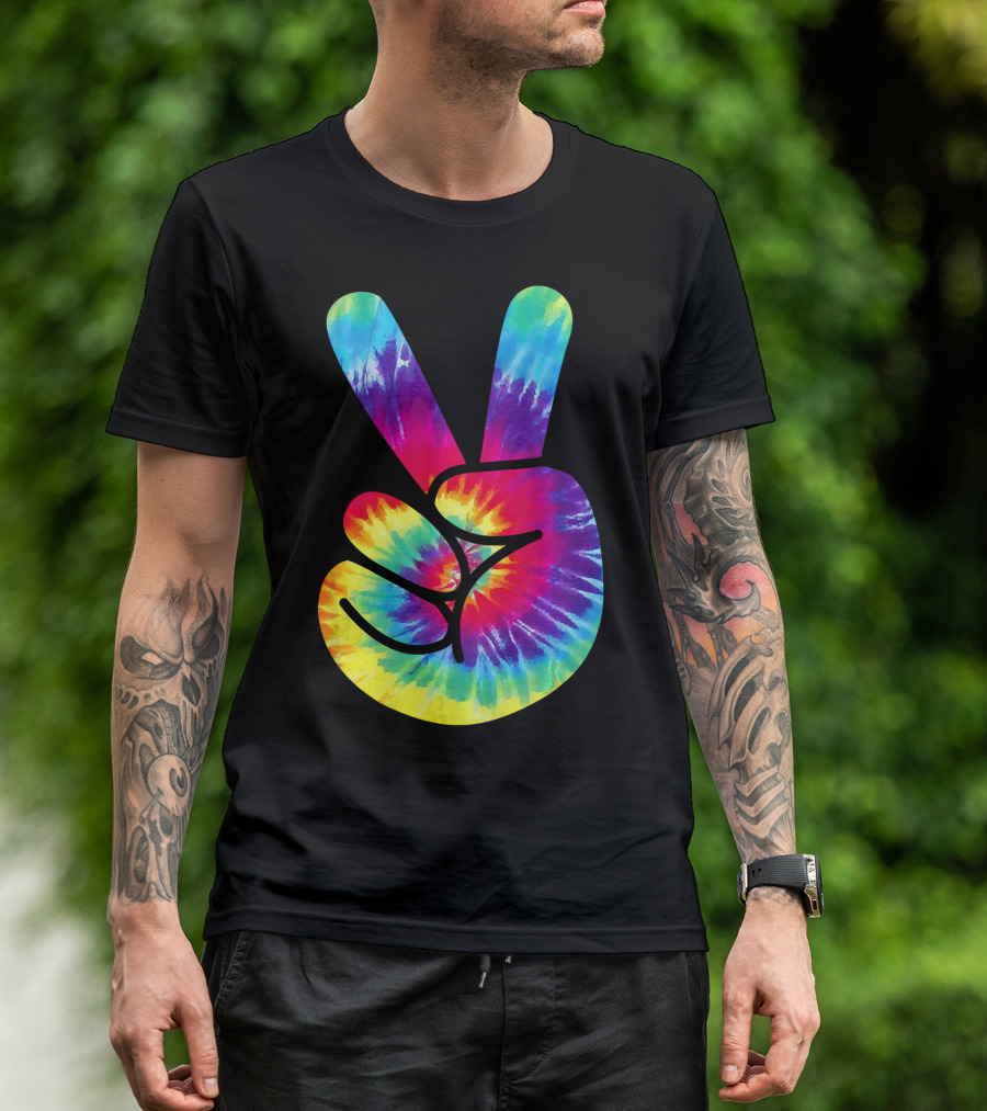 Groovy Tie Dye Peace Sign Two Finger Gesture T-Shirt