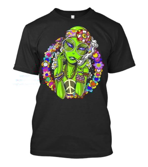 Psychedelic Hippie Alien Smoking With Peace Symbol Surrounded By Vibrant Flowers T-Shirt