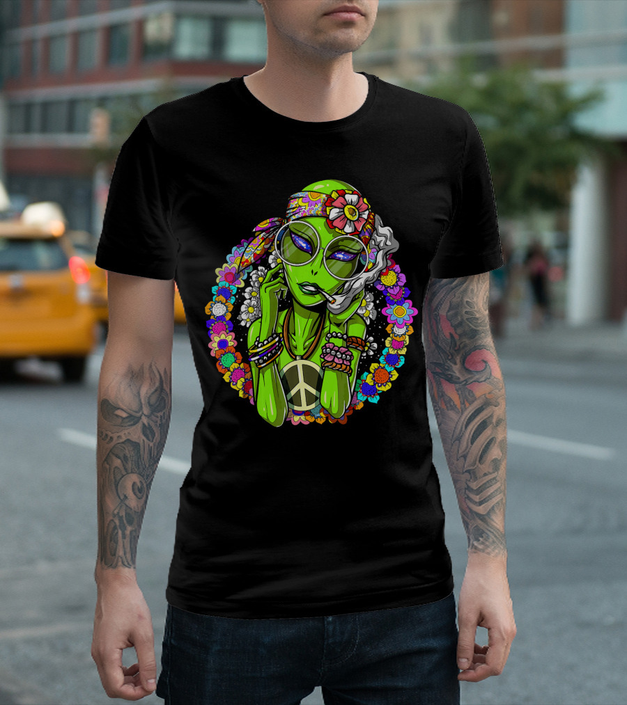 Psychedelic Hippie Alien Smoking With Peace Symbol Surrounded By Vibrant Flowers T-Shirt