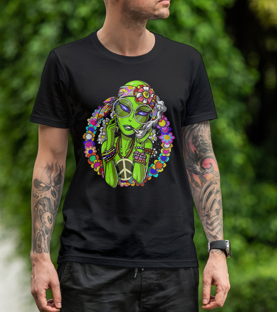 Psychedelic Hippie Alien Smoking With Peace Symbol Surrounded By Vibrant Flowers T-Shirt
