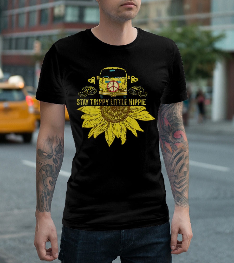 Stay Trippy Little Hippie Peace Sign Bus with Sunflower and Hearts T-Shirt