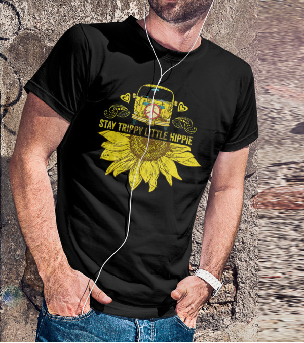 Stay Trippy Little Hippie Peace Sign Bus With Sunflower And Hearts T-Shirt