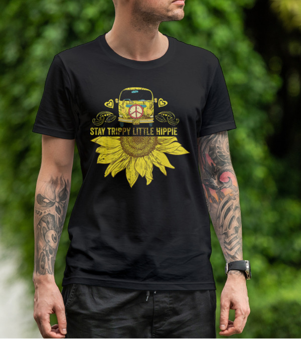 Stay Trippy Little Hippie Peace Sign Bus With Sunflower And Hearts T-Shirt