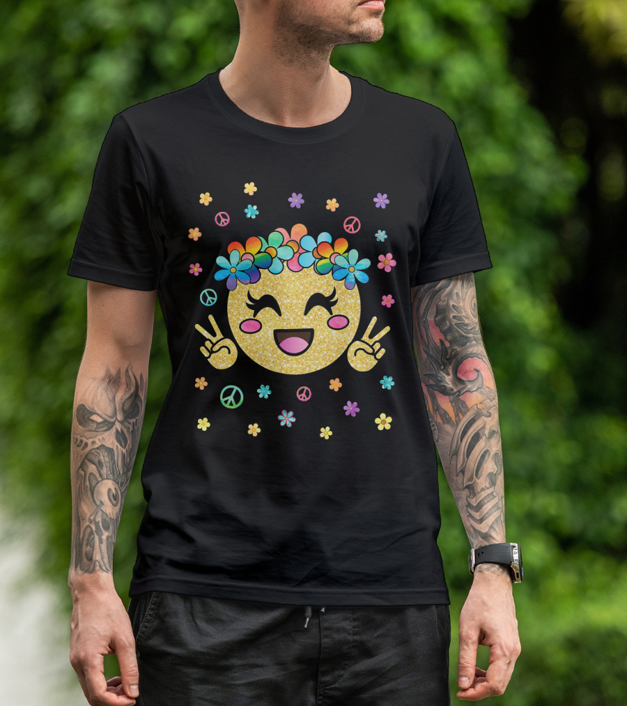 Emoji Kawaii Glitter Peace Rainbow Flower Crown T-Shirt