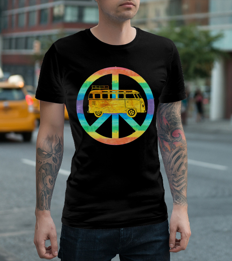 Vintage Hippie Bus Rainbow Van Peace Sign T-Shirt