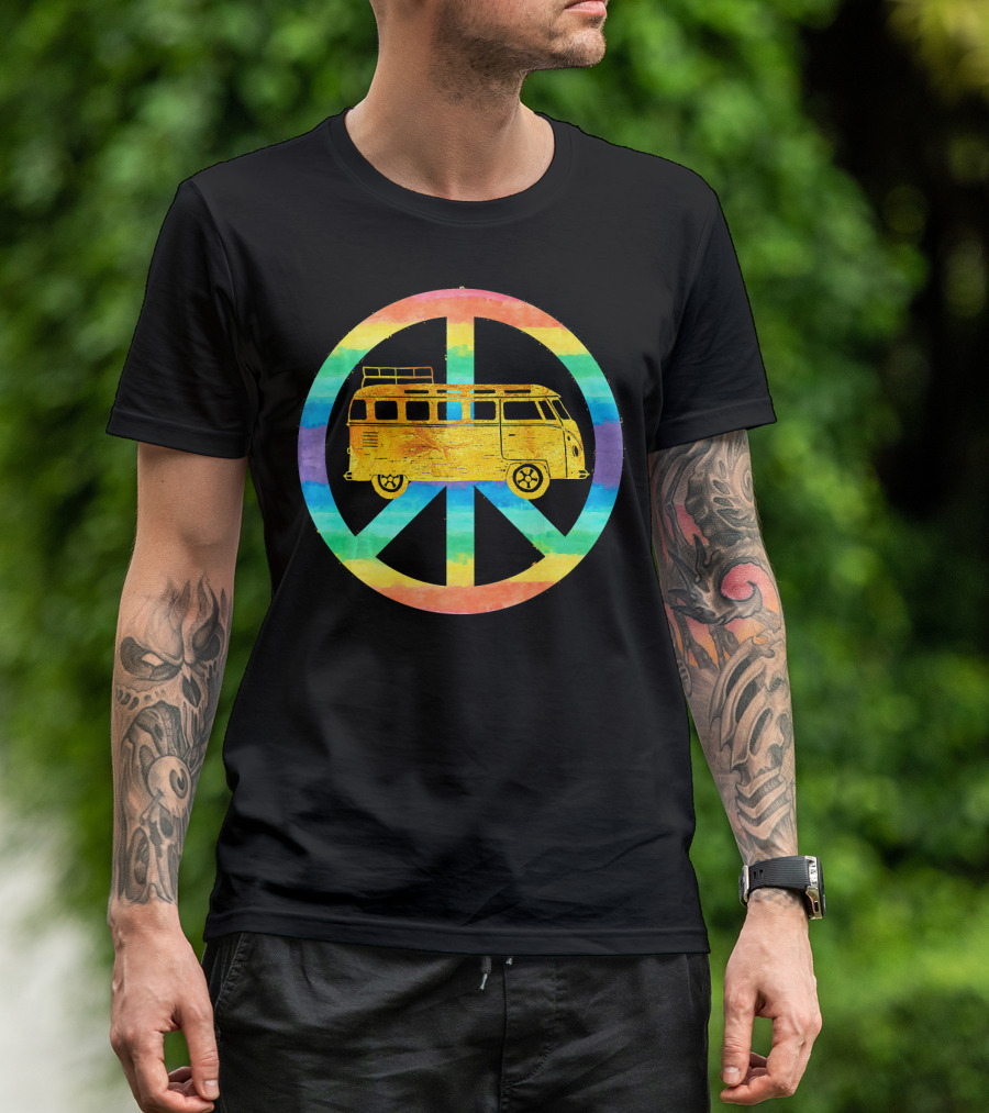 Vintage Hippie Bus Rainbow Van Peace Sign T-Shirt