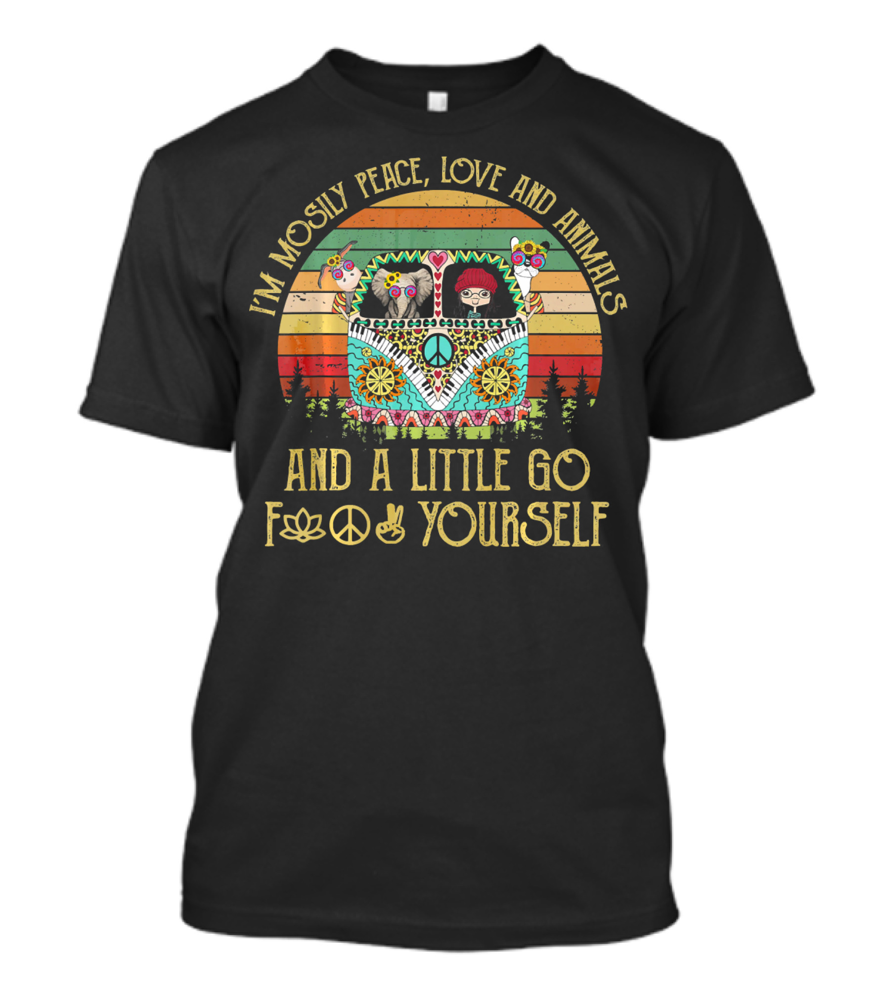 I'm Mostly Peace Love And Animals And A Little Go F✿☮✌ Yourself Vintage Bus Decor T-Shirt