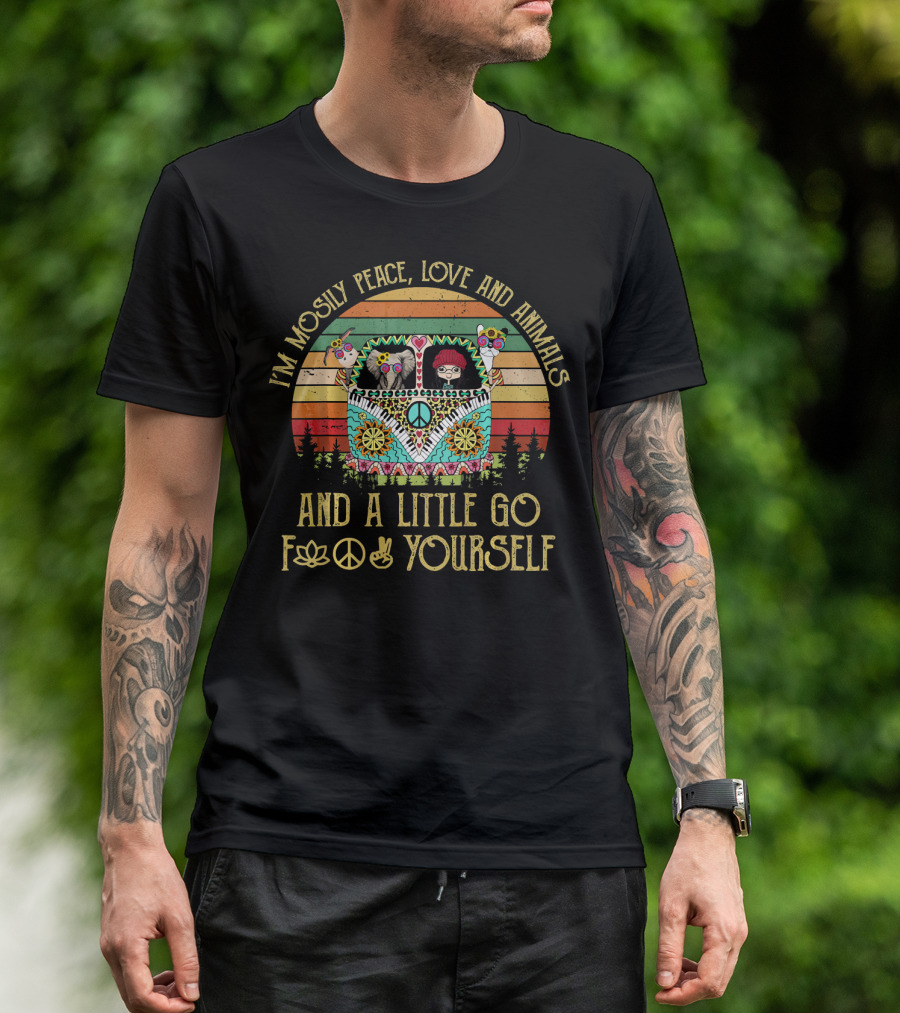 I'm Mostly Peace Love And Animals And A Little Go F✿☮✌ Yourself Vintage Bus Decor T-Shirt