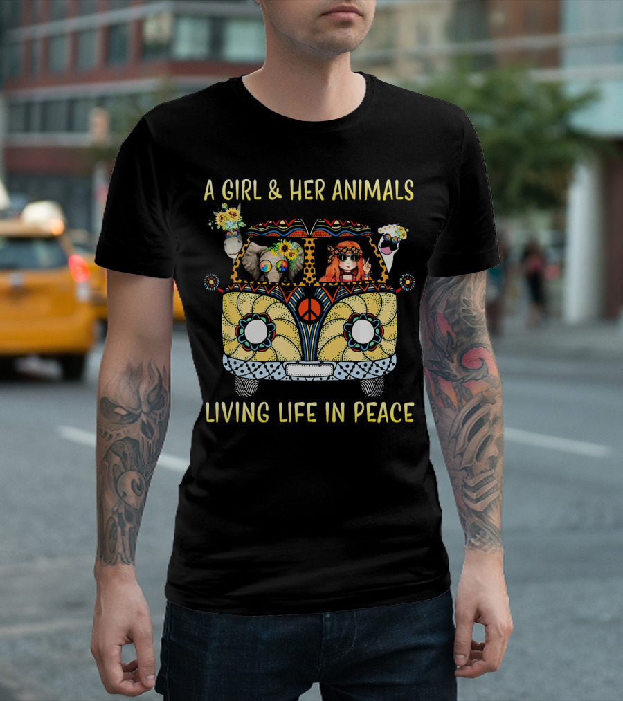 A Girl and Her Animals in a Hippie Van Living Life in Peace T-Shirt