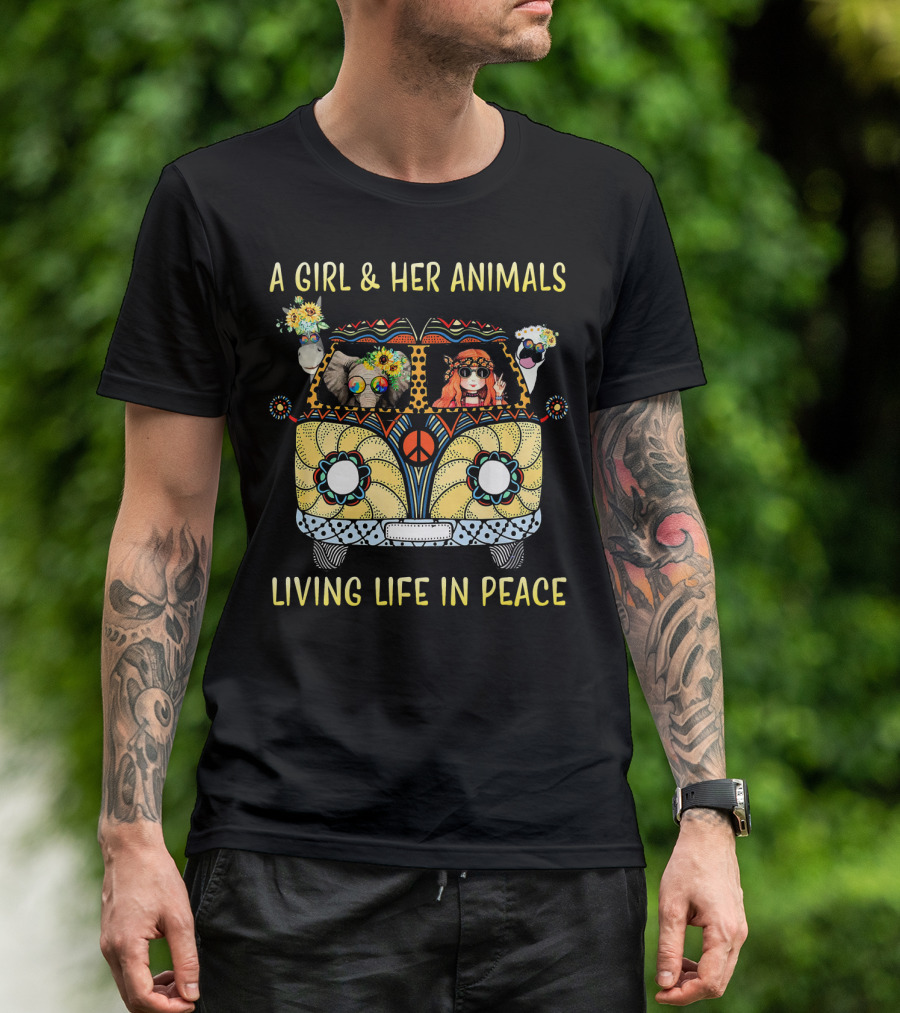 A Girl And Her Animals In A Hippie Van Living Life In Peace T-Shirt