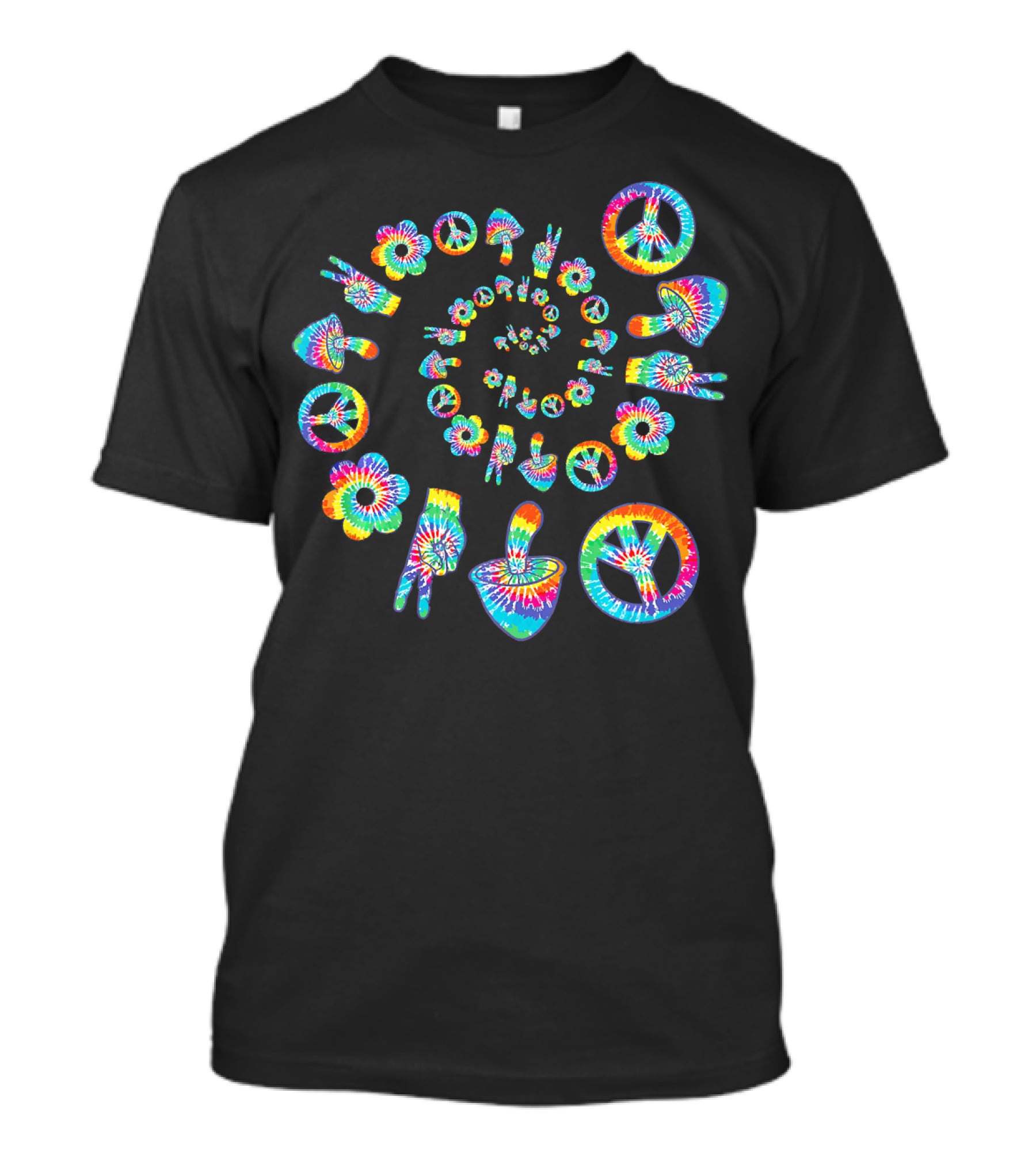 Trippy Peace Sign Tie-Dye Spiral With Colorful Hippie Mushroom And Flower Symbols T-Shirt