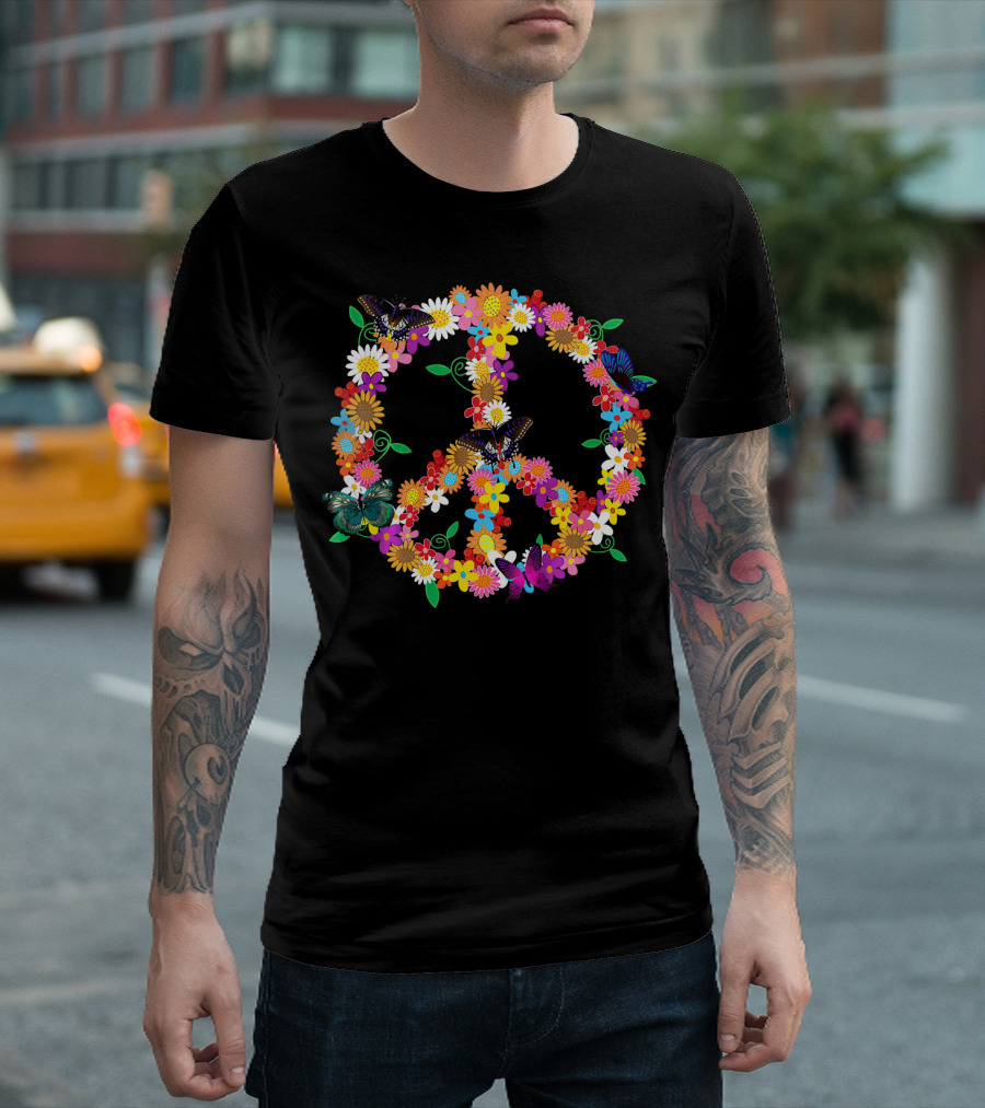 Fluttering Spring Flowers Peace Sign T-Shirt